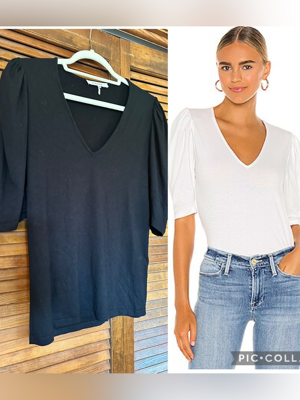 Frame Shirred Black V-Neck Short Puff Sleeve Tee size small